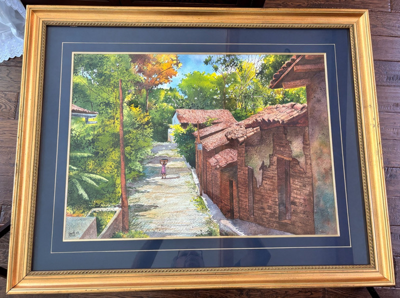 Original ’03 Watercolor Fausto Perez Village Girl Painting Naive Latino Folk Art