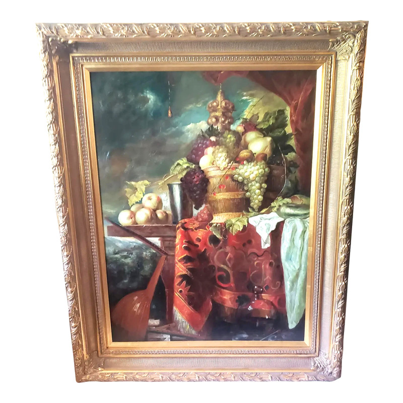 LARGE 40″X50″ Late 19th Century Oil on Canvas Still Life, Ornate Frame, Signed