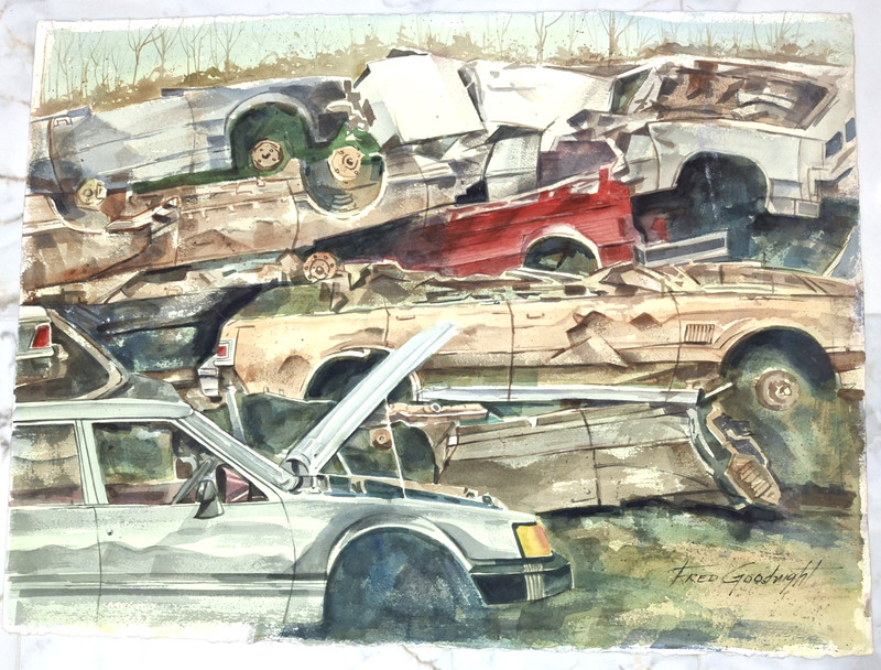 Original Signed Watercolor by Fred Goodnight Abstract Impressionist Crushed Cars