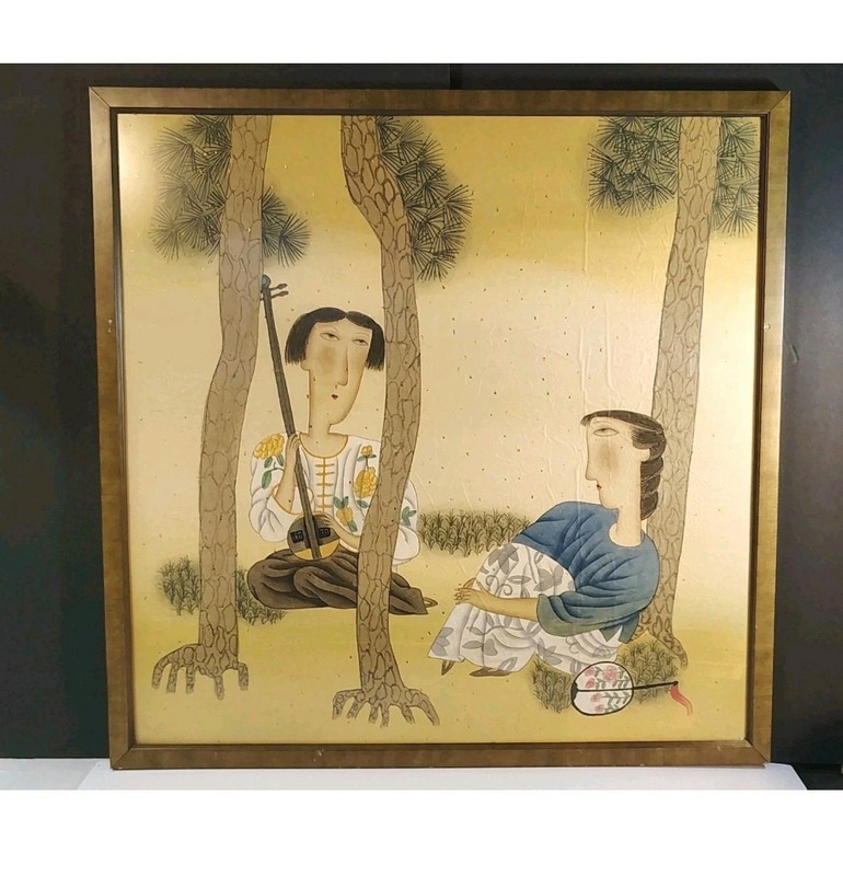 VTG Large 27½x27½ Inch Chinese Gouache Painting on Rice Paper Women Under Trees