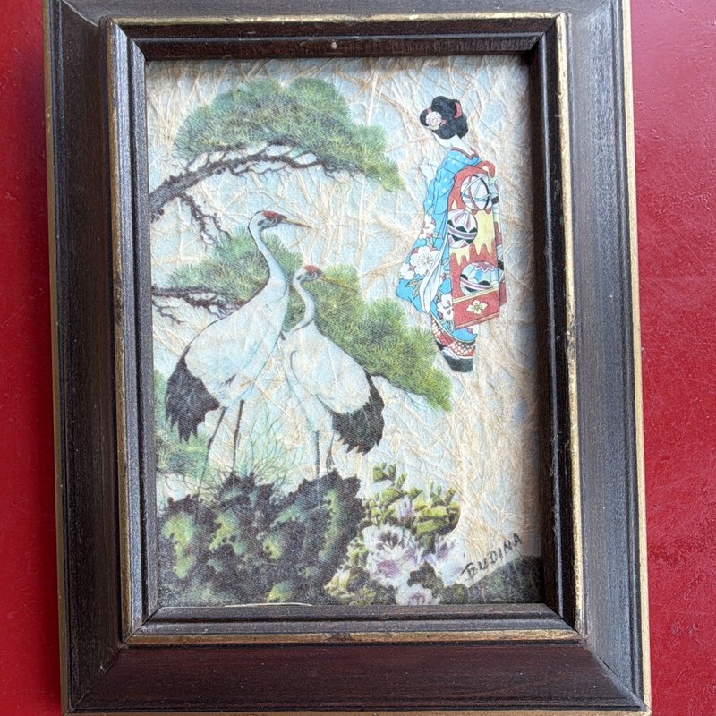 Vintage Framed Asian Mixed Media Rice Paper Collage Art by Budina (Honolulu, HI)