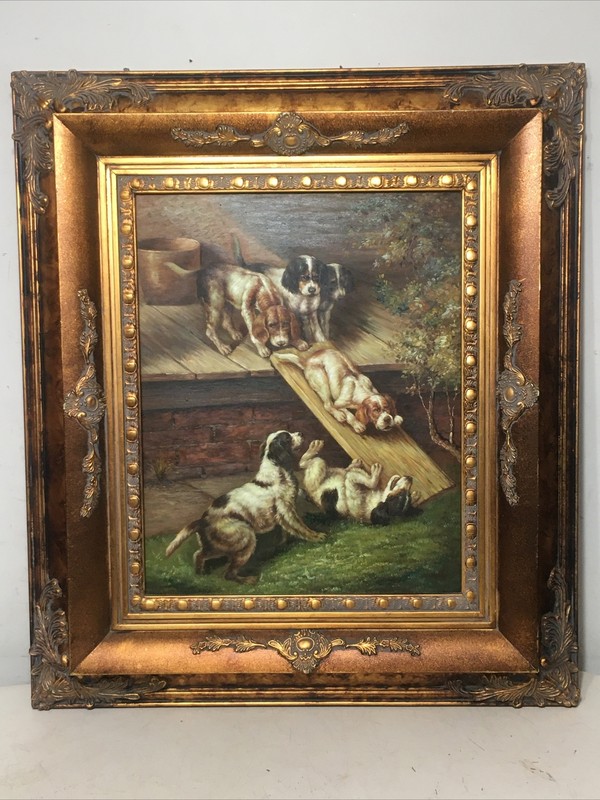 Fantastic Large Painting of Dogs Playing English or French Spaniel ?Great Frame