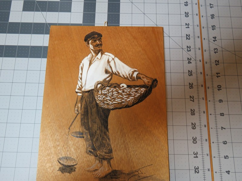 Vtg Original Oil Painting Man & Fish Baskt Signed Black White Drawing Wood Board
