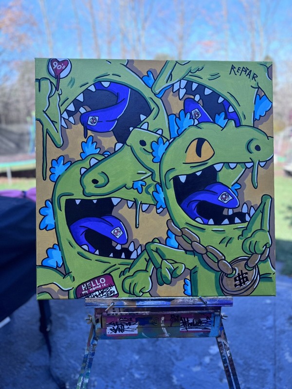 24 x 24 Acrylic Painted Canvas Rugrats Reptar Cartoon Shortiez Ink Graffiti