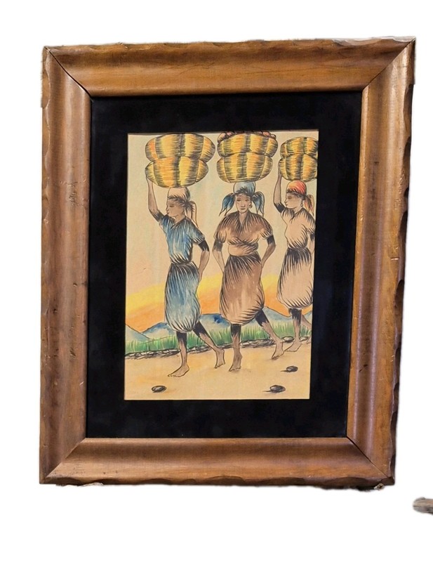Vintage Framed Original Haitian Folk Art Women With Baskets Jean Haiti 14×17