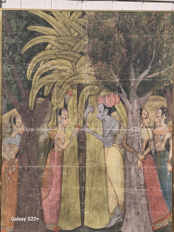 Vintage Indian Pichwai Painting Krishna Gopis Gouache Fabric on Board 61 «x46»