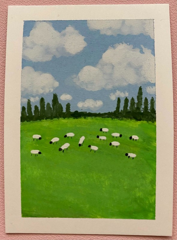ACEO Original Sheep Field Farm Trees Landscape Mini Painting Art OneCraftyLady