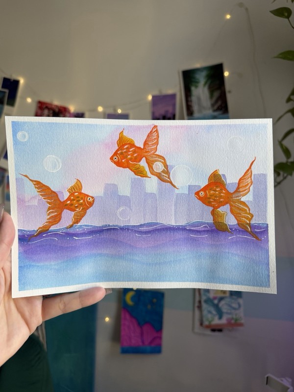 Original Watercolor 6×9 Whimsical Flying Goldfish Cityscape
