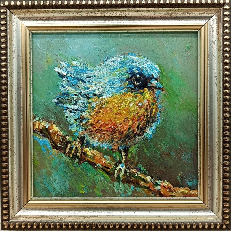 Bird Original Oil Painting 4x4 Framed Signed Blue Bird Impasto Animal Wall Art