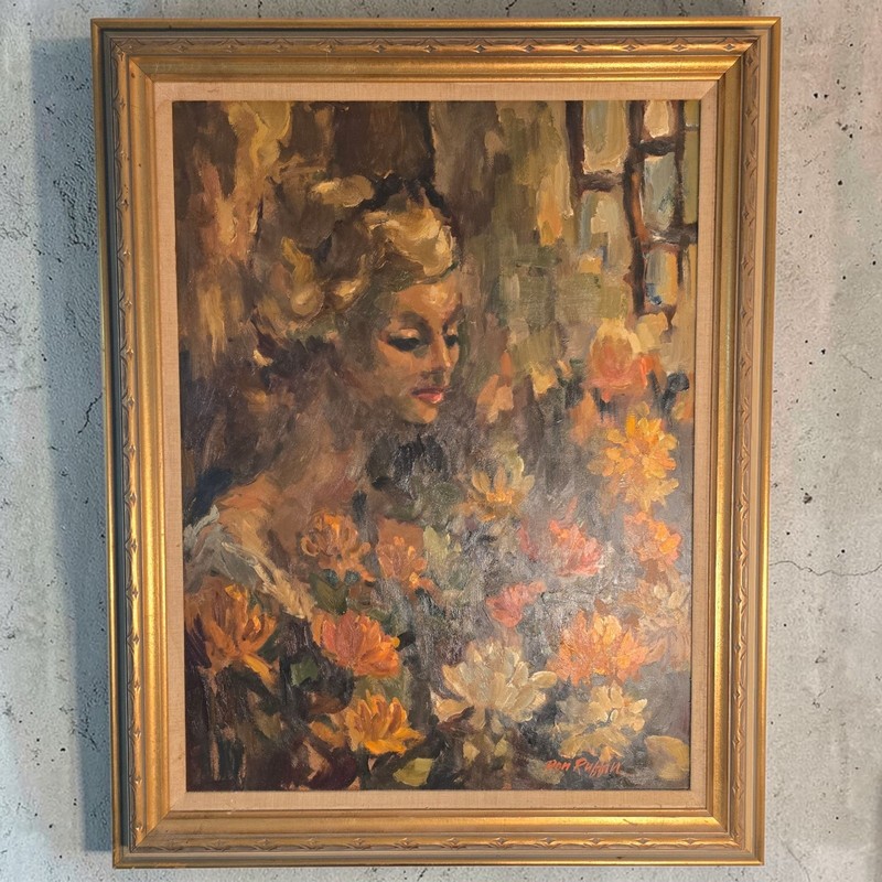 Vintage Original Signed Don Ruffin Oil On Board Portrait Lady Woman Flowers MCM