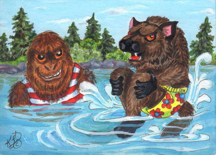 ACEO cryptid Sasquatch Bigfoot Dogman lake mini Kim Loberg original fantasy art
