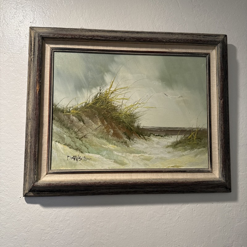 Vintage «Beach Seascape Dunes Seagulls “Oil Painting Signed Framed 21”x17”