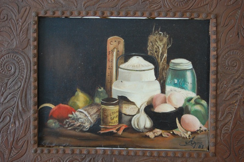 VTG ORIGINAL OIL SIGNED AYDA 67 TOOLED LEATHER FRAMED FOOD CONDIMENT STILL LIFE gallery