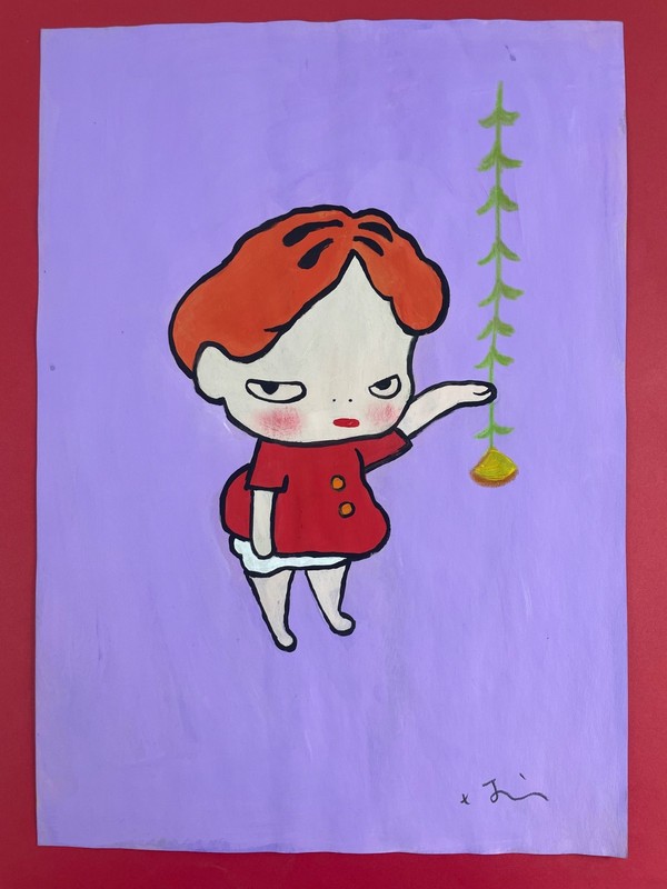 Yoshitomo Nara drawing and painting on old paper signed stamped vintage