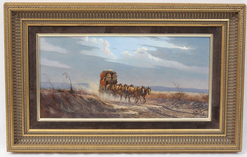John French 8×16 Oil Painting Western Desert Landscape Cowboys Stagecoach Horse