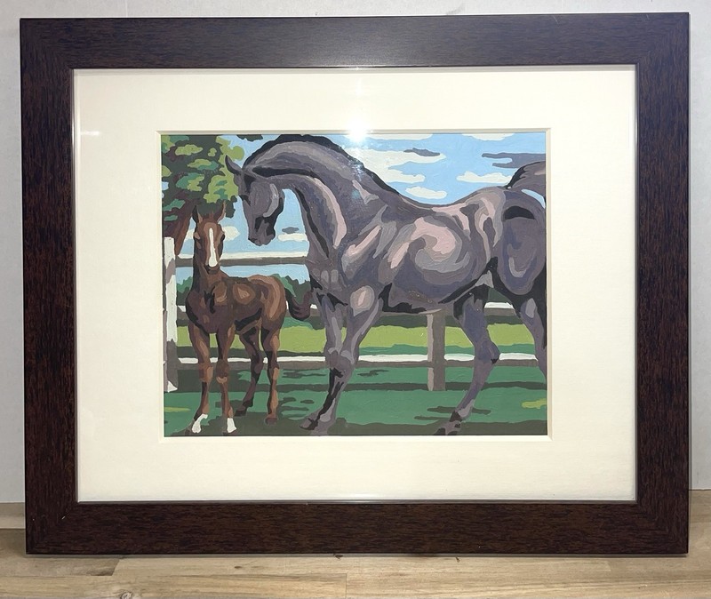 Vintage 1953 Pann Paint By Number Kentucky Thoroughbreds Framed Horses P519B