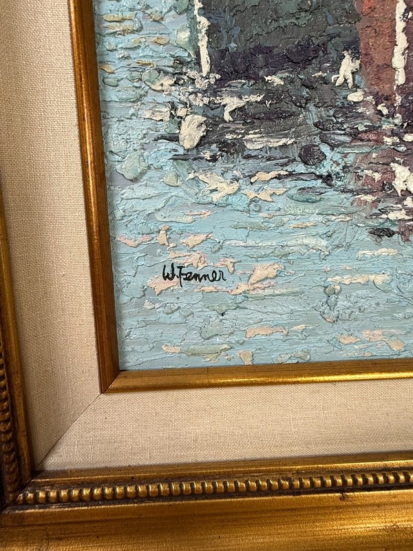 Walter Leslie Fenner Oil Painting Vtg Mid Century Impressionist Boats Harbor gallery