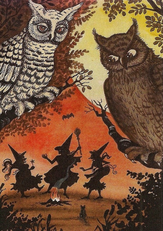 ACEO HALLOWEEN PRINT OF PAINTING RYTA WITCH OWL BLACK CAT MOON BAT FOLK ART