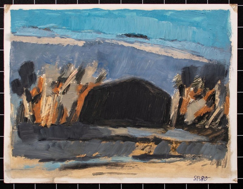 Landscape Abstract Contemporary Monogram SB Oil Painting on Cardboard 1980