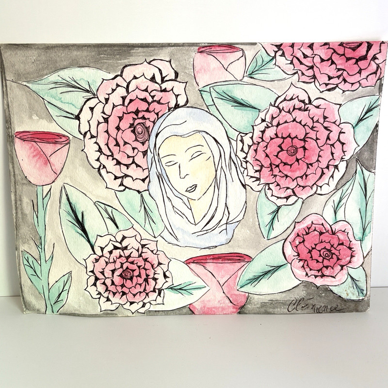 Signed Clemence Madonna Roses Original Painting on Paper Folk Art Floral 1974