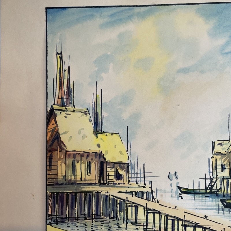 Vintage Original Signed Pen & Ink Watercolor Painting Village On Waterway Dock gallery