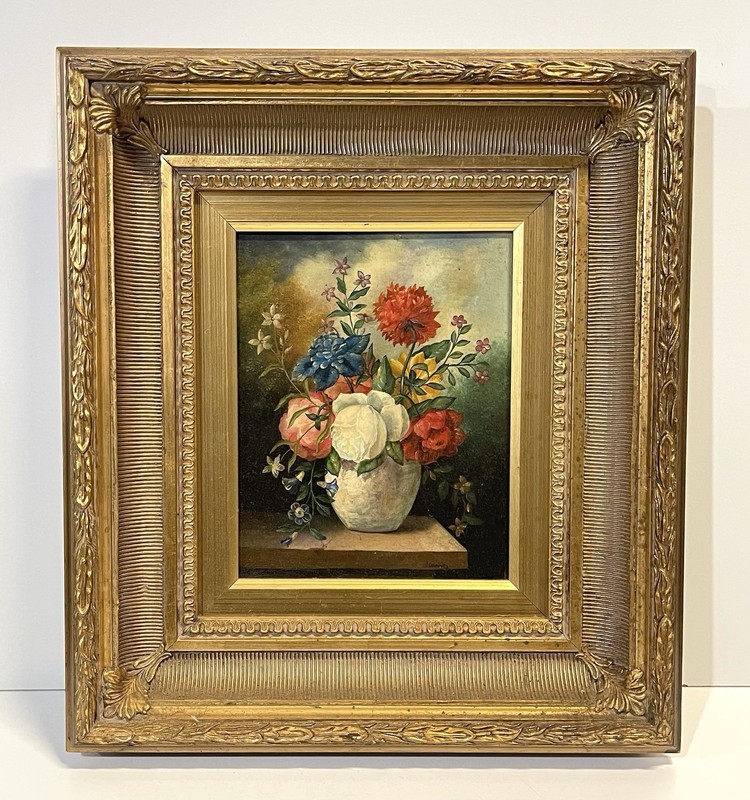 Vintage Still Life Floral Painting On Canvas Framed Signed