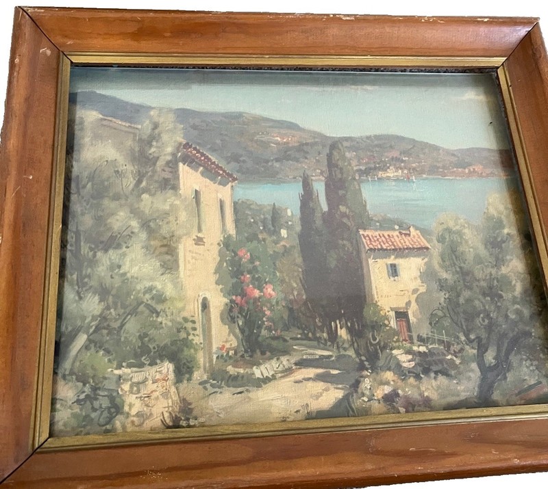 Framed Impressionism Landscape Painting Village Buildings Lake Mountains Scene
