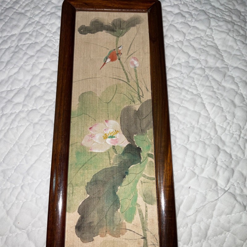 Small two sided Asian painting, original handpainted, flowers, floral birds gallery