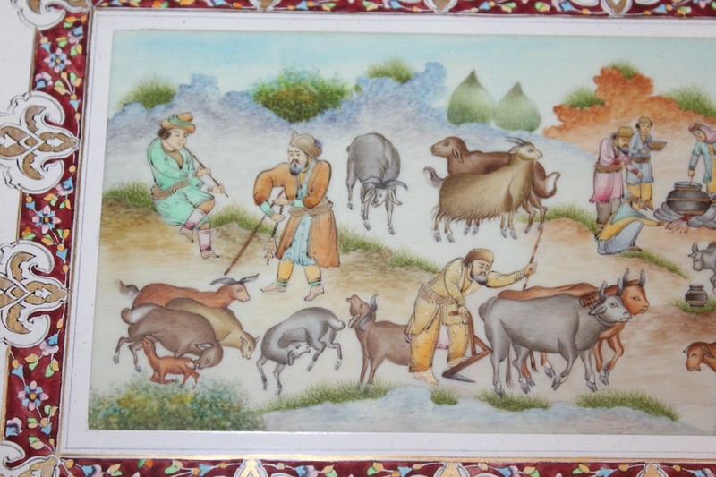 Middle Eastern Painting Men Herding Cows Village Signed Custom Inlay Frame gallery