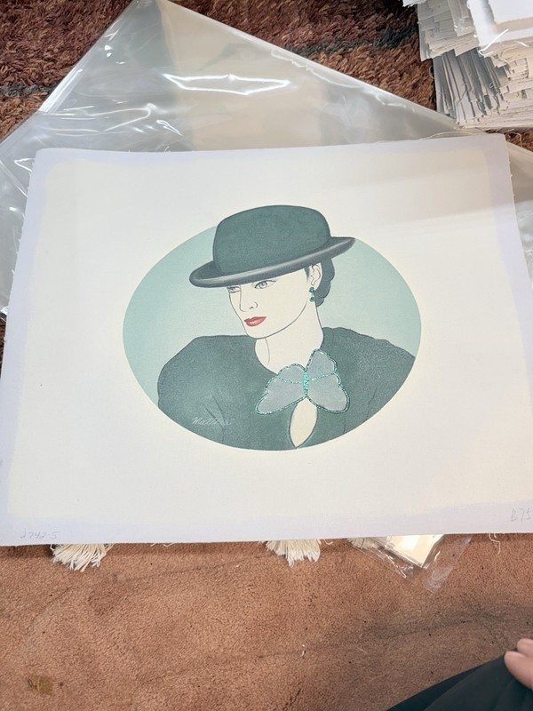 80s Fashion Woman Silly Hat Butterfly Metallic Painting On Canvas 19x15 16x12 gallery