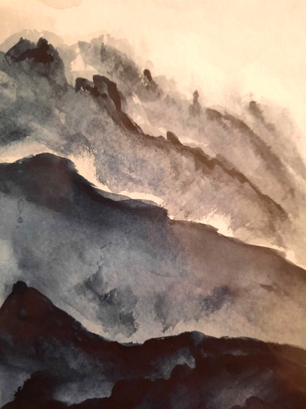 Small Watercolor Landscape Painting. «Foggy Mountains II». Paul Eres. 5.5×8.5.