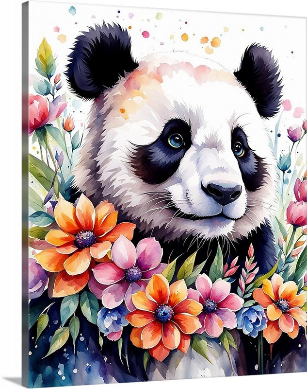 Panda Bear with Flowers JUMBO Canvas Wrap Prints to 38×50 wild animals
