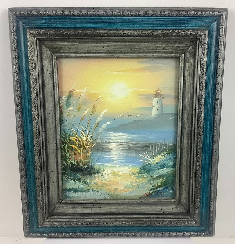 Signed Framed Ocean Scene Seascape Painting Nautical Beach Lighthouse Seagulls