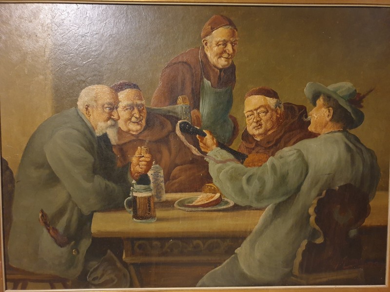 Antique Oil Painting «Under Observation» 60x76cm Old Friends Bar Friendship