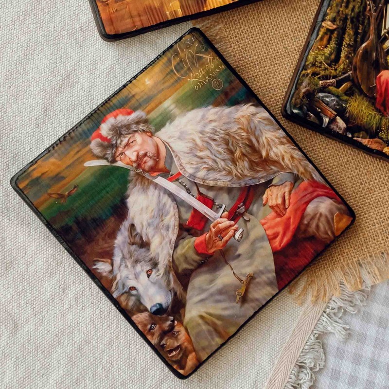 Ukranian Wooden Panel with Hanging on the Wall «General Ivan Sirko» 15 x 15 cm