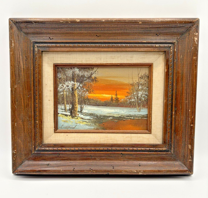 G. Whitman Original Oil Painting Winter Landscape 11.25” X 13.5” Rustic Frame