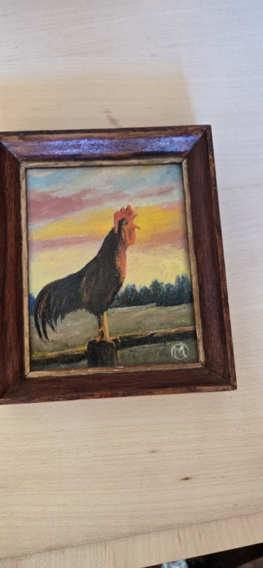 Small 4×5 Inch Framed Rooster Oil Painting
