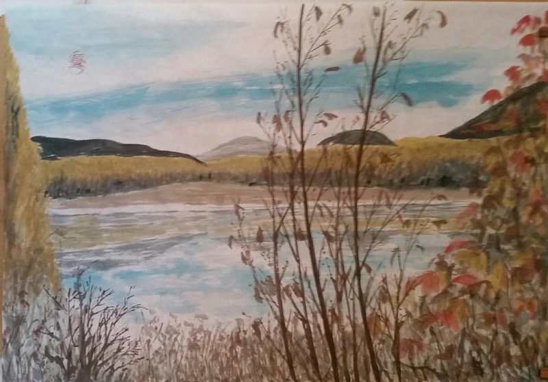 Staying Autumn Mouts in Terrace Chinese watercolor painting BY artist Hamish