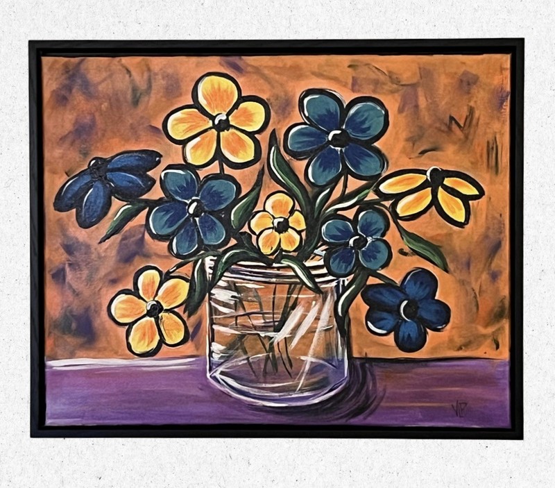A VLP Original Blue & Yellow Flowers 16×20” Acrylic w/Frame Canvas Signed w/COA