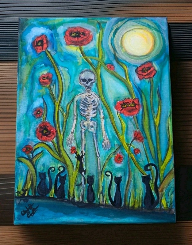 Skeleton, Kitties,and Poppies In The Moonlight Ooak On 9x12 Canvas Frame