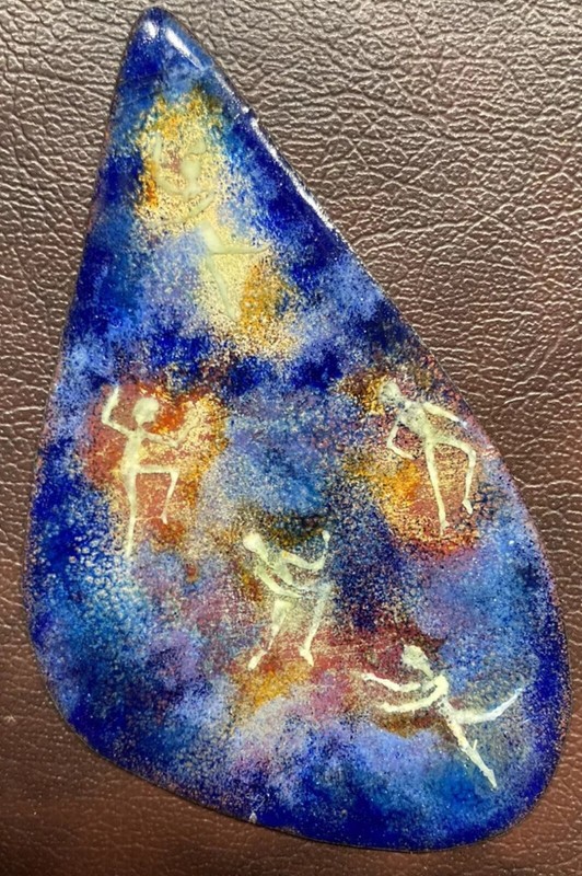 Mid Century Modern Enameled Copper Plaque Woman Harp Celestial Dancers 3.5" gallery
