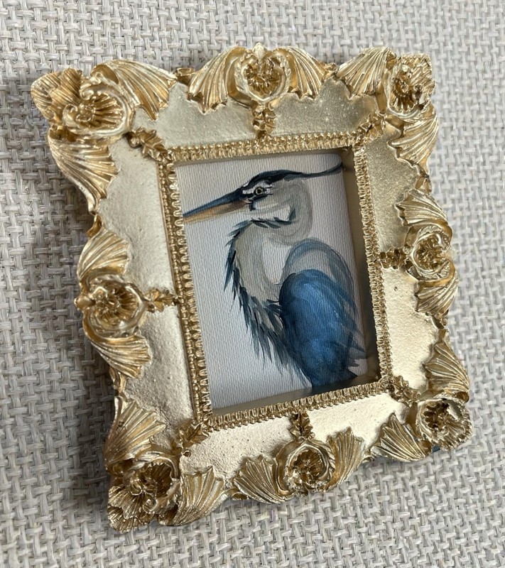 Blue Heron bird mini watercolor print in gold vintage style ornate frame gallery