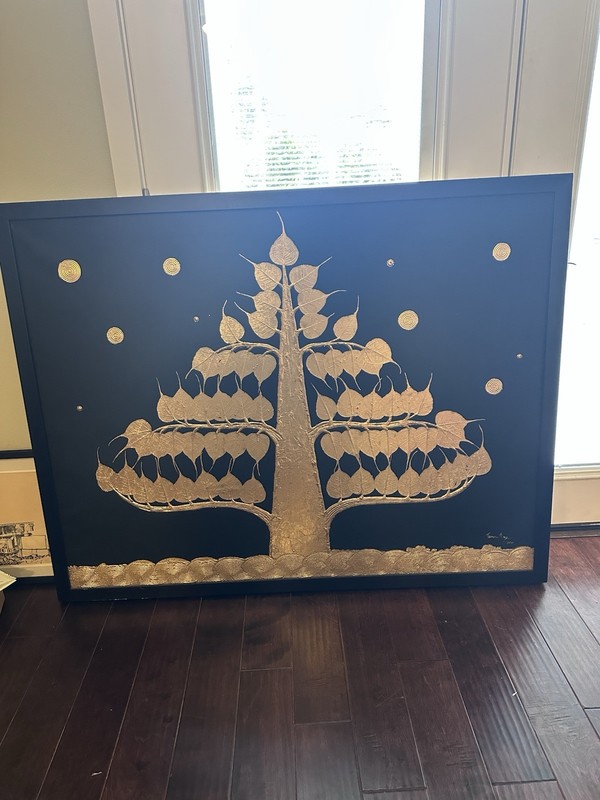 Framed Gold Dipped Leaves Painting Wall Art, Nature Art, Large 44 x 55 in