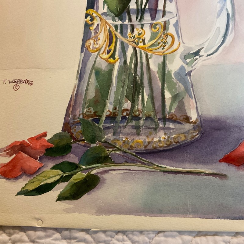 RED ROSE floral flower original watercolor PAINTING by Webber bouquet in glass gallery