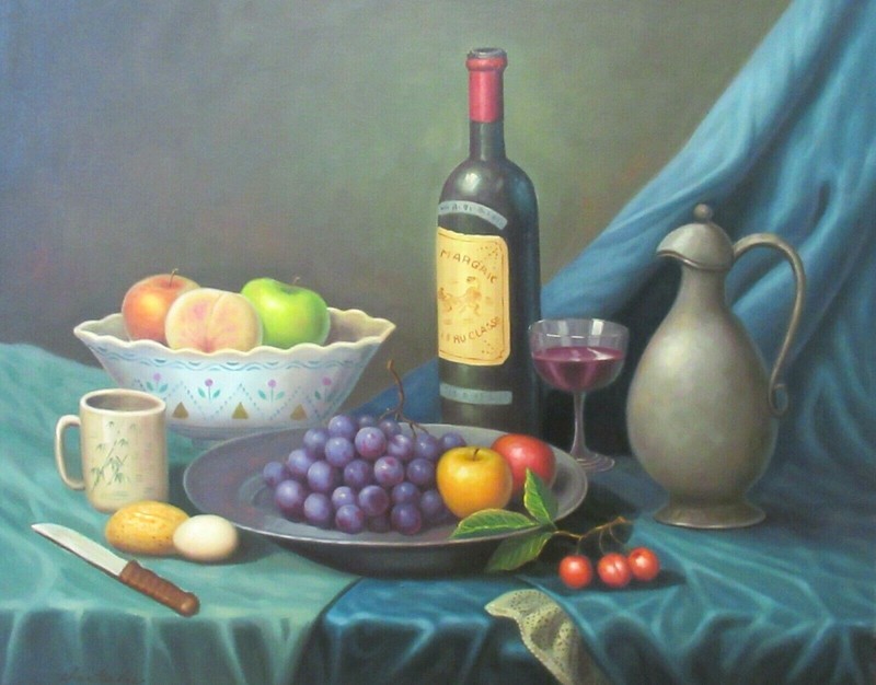 CHAN KU LEE HUGE OIL CANVAS STILL LIFE FRUIT & WINE BOTTLE PAINTING
