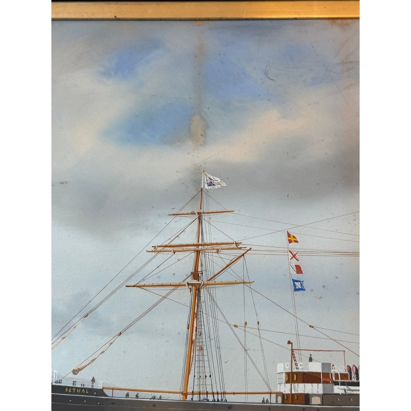 Antique SS Bothal Merchant Steamship Pierhead Portrait Painting Wood Board Back gallery
