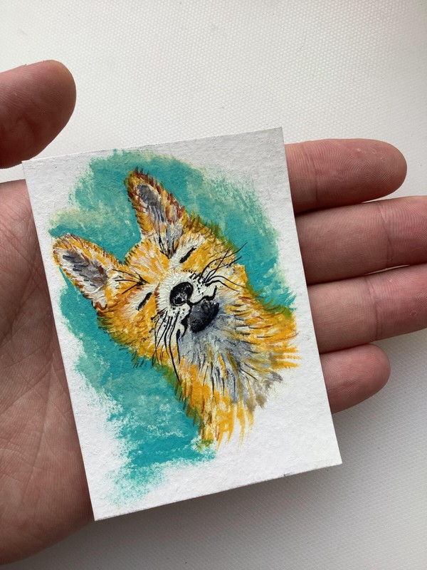 Happy chilling fox Animal ACEO original oil painting art signed Inna Merkushova gallery