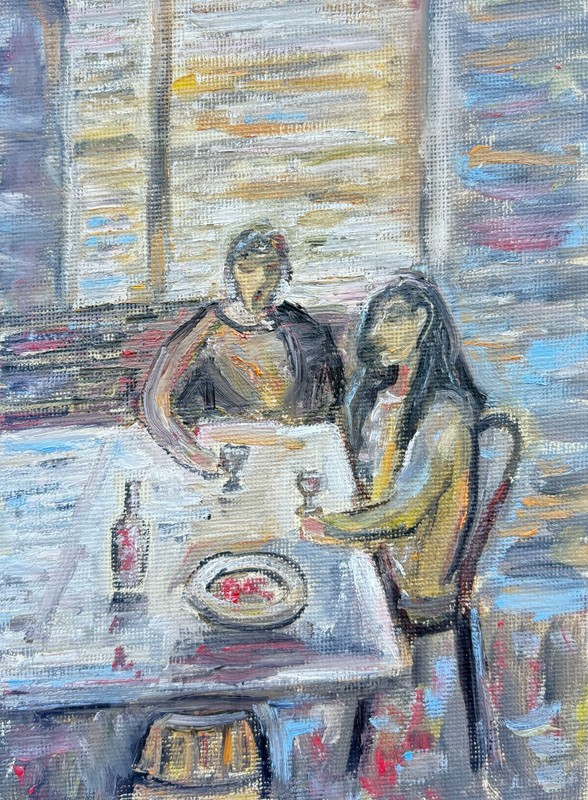 Family at Table Man Woman Drinking Wine Original Oil Painting Small Home Scene