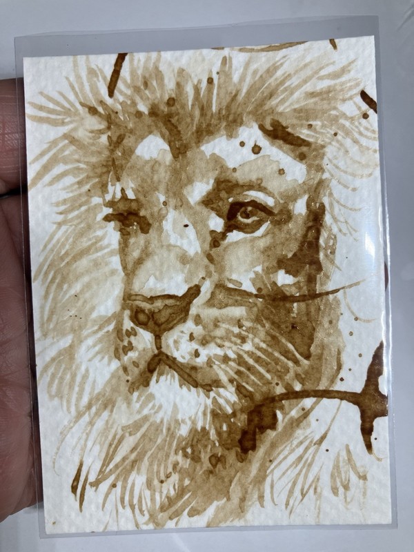 Original Coffee Lion Cat Painting Miniature Realism Aceo Lover ATC Art Gift USA