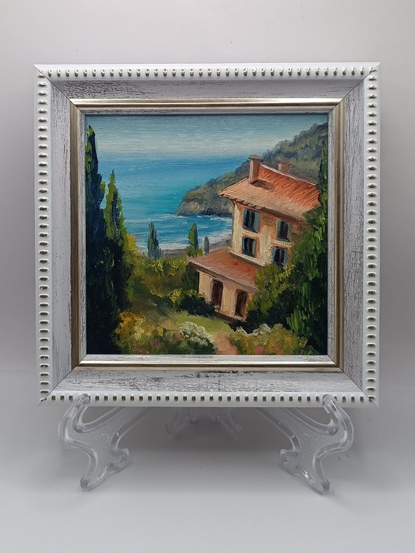 Original Miniature Italian Coastal Oil Painting Framed Mediterranean Art 4x4 gallery